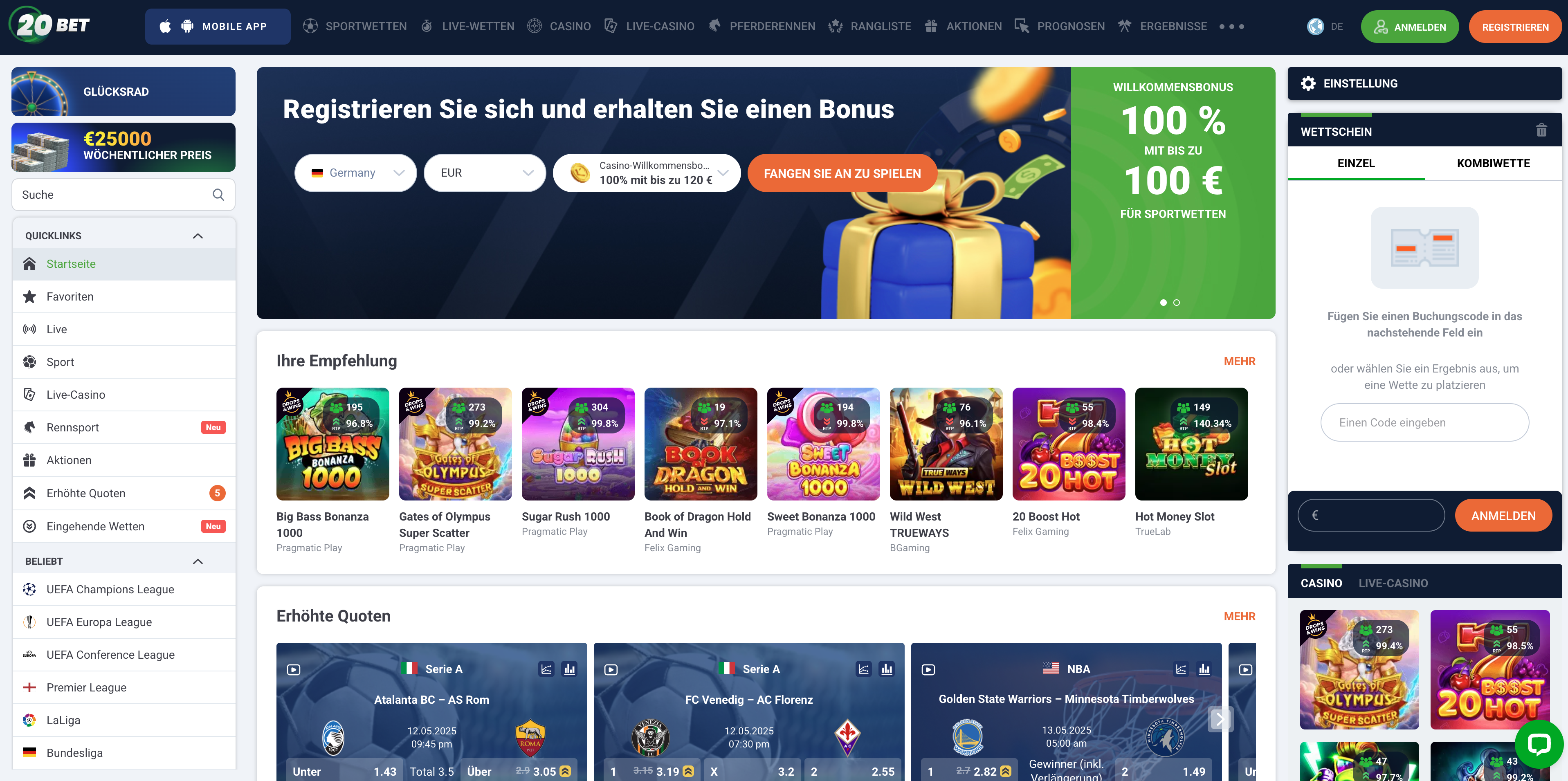 20Bet interface
