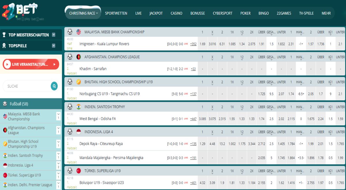 22Bet interface